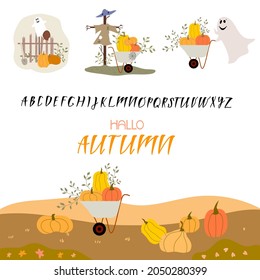 Autumn landscape, pumpkins in a garden wheelbarrow, lettering - hello autumn. English alphabet, font.