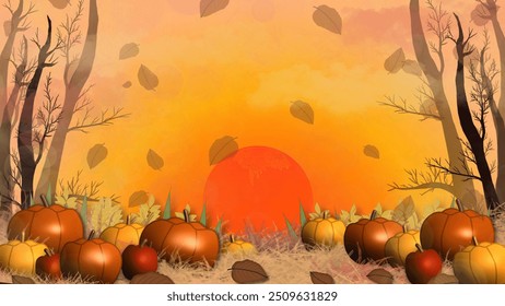 Autumn landscape with pumpkins, leaves, and a vibrant sunset background, perfect for seasonal, fall, and harvest-themed designs and projects.