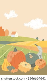 Paisaje otoñal con calabazas, calabazas y una masía en Vector. Ilustración de celebración de la cosecha para la tarjeta de felicitación del día de Acción de Gracias, Anuncio o diseño de póster