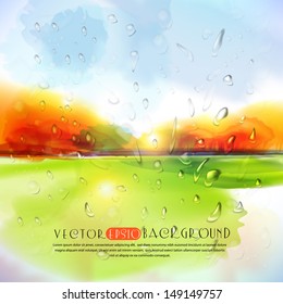 Autumn landscape with rain drops.The illustration contains transparency and effects. EPS10