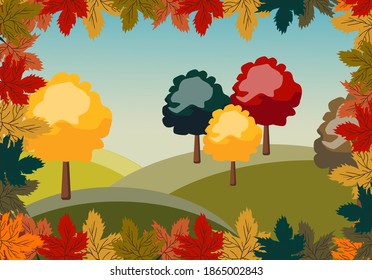 Autumn landscape of red, green and yellow trees surrounded by leaves. Vector