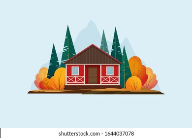 Autumn landscape with red hut in the forest. Vector flat illustration