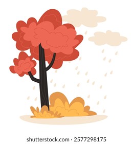 Autumn Landscape with Red Tree and Yellow Grass on a Rainy Day