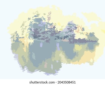 Paisaje otoñal con reflexión en agua sobre matices. Cielo, agua y árboles - hermoso bosque o motivo de parque para tapicería, composiciones de otoño, fondos y texturas