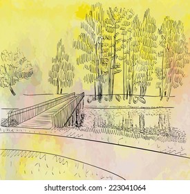 Autumn landscape with a river and a bridge over it