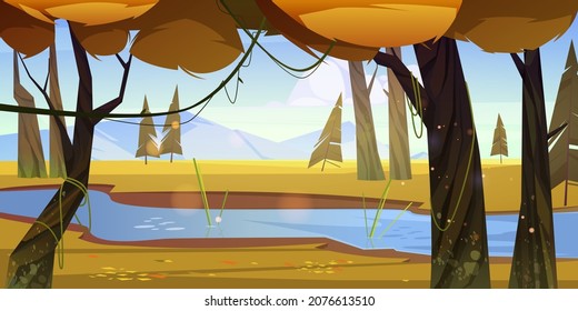 Autumn landscape with river and orange trees in forest, meadow and mountains on horizon. Vector cartoon illustration of nature scene with brook in woods, fir trees and rocks