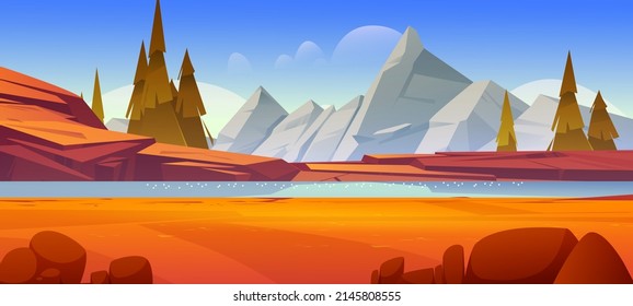 Paisaje otoñal con río con orilla rocosa en valle de montaña. Dibujo vectorial del paisaje otoñal con árboles de coníferas verdes, hierba naranja, arbustos, arroyo de agua y rocas en el horizonte