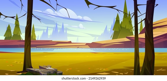 Autumn landscape with river with rocky shore, bare trees and orange leaves on grass. Vector cartoon illustration of countryside with water stream, stones, green coniferous forest in fall