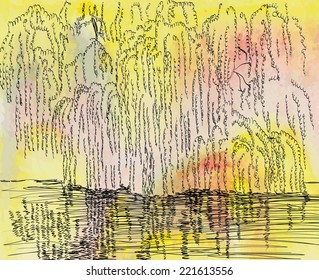 Autumn landscape with a river and tree