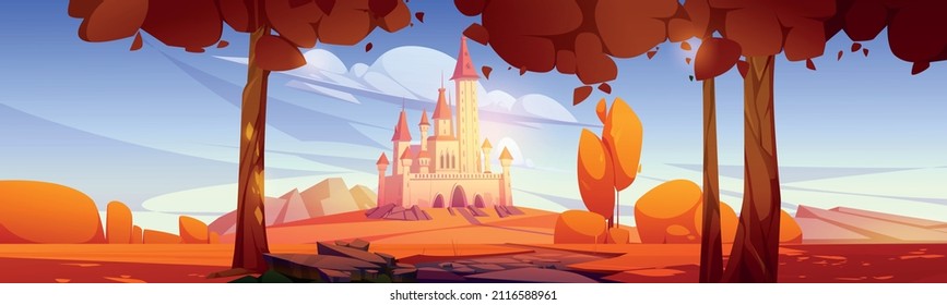 Autumn landscape with road to castle on hill. Vector cartoon illustration of fall landscape of fairy tale kingdom with royal palace with towers, stones and orange leaves on trees