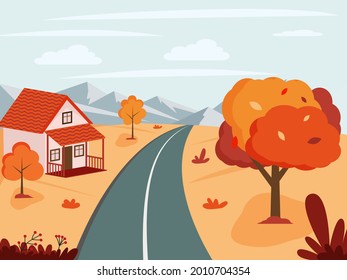 Autumn landscape with a road to the mountains. Vector illustration in flat style EPS 10