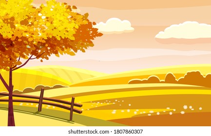 Autumn landscape rural hills meadows fields countryside. Yellow orange foliage tree panorama horizon. Vector illustration isolated