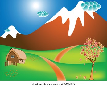autumn landscape with rural scene, mountains, fields and road; abstract vector art illustration