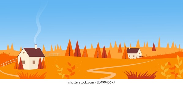 Autumn Landscape, Rustic Farm House Vector Illustration. Cartoon Road To Countryside Farmhouse Cottage With Chimney And Smoke, Autumn Orange Red Trees On Hills Background