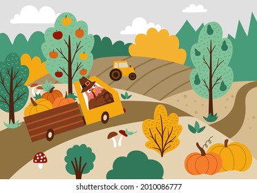 Autumn landscape scene with fields, harvest, nature, turkey driving truck. Comic Thanksgiving card with cute bird, pumpkins. Vector horizontal print template design for postcards, invitations
