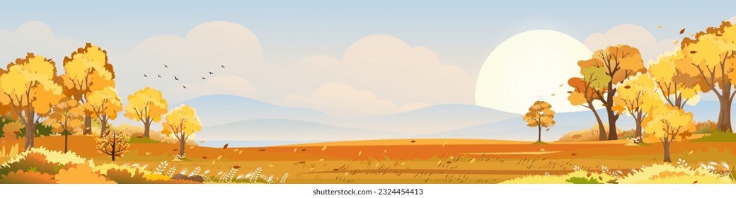 Autumn landscape scenery with morning sky and cloud over forest trees with fall leaves,Vector banner wonderful picturesque background with yellow foliage,Cartoon Colour Nature Fall season background