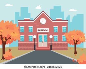 Autumn landscape with school. Flat fall vector illustration