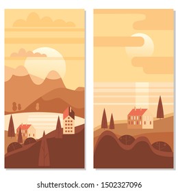 Autumn landscape sea ocean buildings, hills and trees mountains lake sun in trendy minimal geometric flat style. Vector, isolated vertical. Social media stories banner poster template