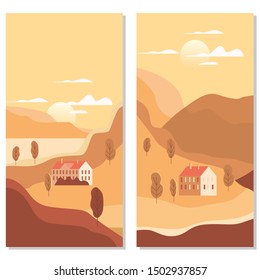 Autumn landscape sea ocean buildings, hills and trees mountains lake sun in trendy minimal geometric flat style. Vector, isolated vertical. Social media stories banner poster template