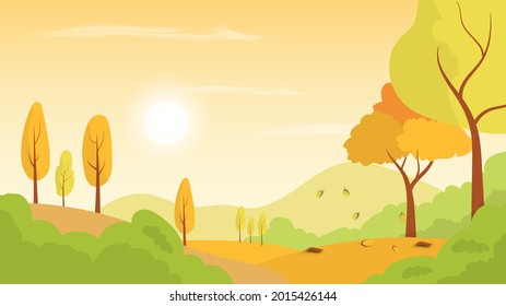 Autumn landscape season with hill mountain and sun. autumn scenery Panoramic of Countryside landscape in autumn. vector illustration 