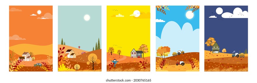 Herbstlandschaft Set mit Kopienraum für Text, Vektorcute Cartoon Herbstsaison Hintergrund.Autumnaler Landschaftswald und Hügel mit Blättern, die vom Baum fallen, Sammlung für Banner, Plakat, Design-Vorlage