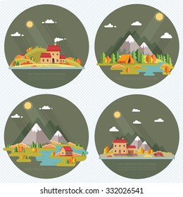 Autumn landscape. set of rural scenery. Flat design style vector illustration.