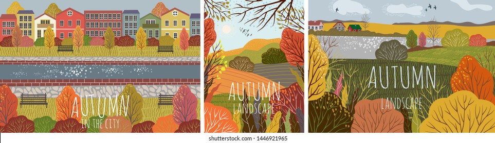 Autumn landscape. Set of vector illustration of nature background with city, village, forest and trees. Freehand drawing