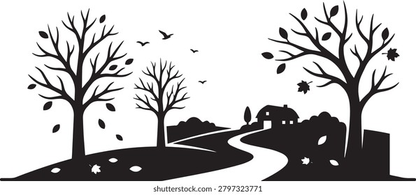Autumn landscape silhouette with trees and path landscape silhouette countryside tranquil peaceful illustration background minimalist environment