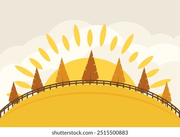 Autumn landscape in simple style vector background. Yellow and brown trees on hill flat illustration