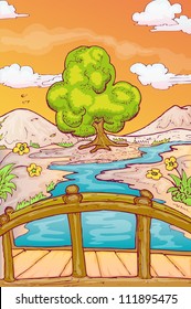 Autumn landscape with single tree and bridge over the river in hand draw style
