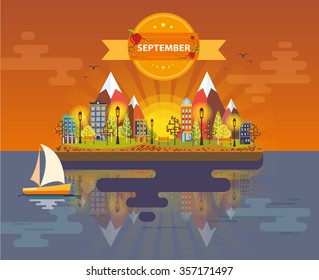 Autumn landscape. Small town. Set 2. Month of September. Infographics. Calendar. Mountain, nature, park, building, boat, sail, city. Flat design. Stock. Image. Illustration. Vector.