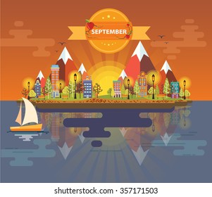 Autumn landscape. Small town. Set 5. Month of September. Infographics. Calendar. Mountain, nature, park, building, boat, sail, city. Flat design. Stock. Image. Illustration. Vector.