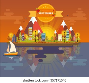 Autumn landscape. Small town. Set 4. Month of September. Infographics. Calendar. Mountain, nature, park, building, boat, sail, city. Flat design. Stock. Image. Illustration. Vector.