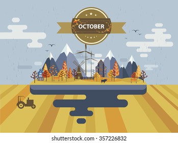 Autumn landscape. Small town. Set 1. Month of October. Infographics. Calendar. Mountain,  nature, park,  tractor, bull, village, building, windmill. Flat design. Stock. Image. Illustration. Vector.