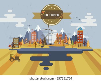 Autumn landscape. Small town. Set 4. Month of October. Infographics. Calendar. Mountain, nature, park, tractor, bull, village, building, windmill. Flat design. Stock. Image. Illustration. Vector.