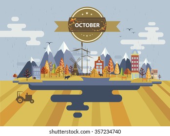 Autumn landscape. Small town. Set 2. Month of October. Infographics. Calendar. Mountain, nature, park, tractor, bull, village, building, windmill. Flat design. Stock. Image. Illustration. Vector.