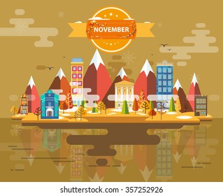 Autumn landscape. Small town. Set 3. Month of November. Infographics. Calendar. Mountain, nature, park, building, . Flat design. Stock. Image. Illustration. Vector.