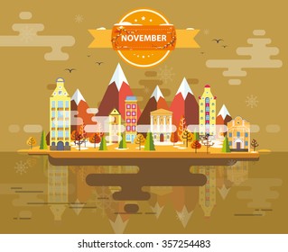 Autumn landscape. Small town. Set 4. Month of November. Infographics. Calendar. Mountain, nature, park, building, . Flat design. Stock. Image. Illustration. Vector.