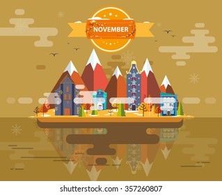 Autumn landscape. Small town. Set 5. Month of November. Infographics. Calendar. Mountain, nature, park, building, . Flat design. Stock. Image. Illustration. Vector.