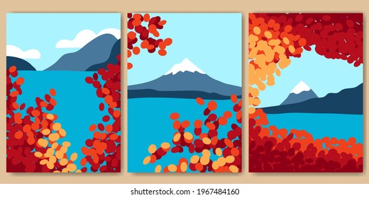 Autumn landscape with snowy mountain peak, lake and foliage frames. Hand drawn poster set. Blue water, sky and red orange leaves. Vector background set for travel design, artistic banner or greeting card.