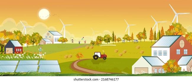 Autumn landscape with Solar panels wind turbines installed as renewable station an energy sources for electricity and power supply.Environmental friendly energy.Solar farm in sunset on Countryside