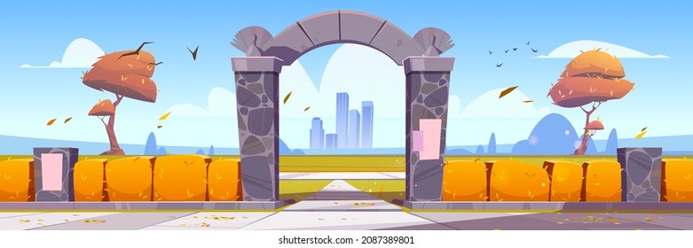 Autumn landscape with stone arch entrance to public park or garden, shrub hedge and city buildings on skyline. Vector cartoon illustration of fence with orange bushes and archway portal