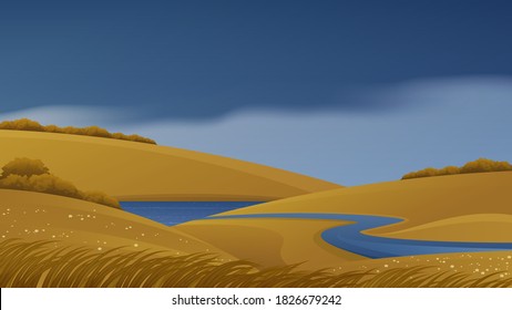 Autumn landscape and stormy dark sky. Rural autumn landscape. Yellow dry grass vector background, rainy clouds in the sky over the countryside landscape.