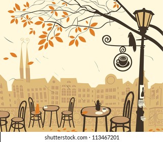 autumn landscape with a street cafe