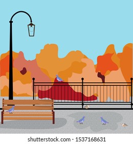 Autumn landscape street lamp bench and pigeons, lattice in the Park. Vector illustration   