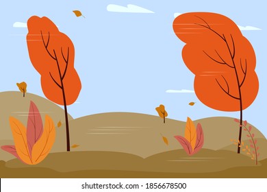 Autumn landscape - strong wind, leaves falling, trees bending, yellow and orange colors. Background for illustrations on the theme of autumn, sadness, bad weather. Vector in a flat style.