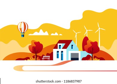 Autumn landscape. Suburban traditional  house. Family home. Vector illustration.