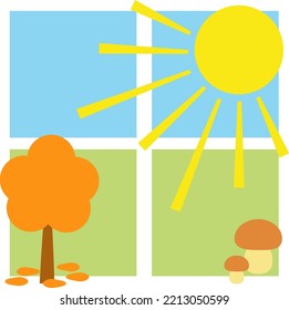 Paisaje otoñal con sol, árbol, hojas caídas y setas. Ilustración del vector abstracto.