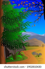 Autumn landscape. Sunny day. Spruce, hills, mountains, fields, trees. Vector illustration.