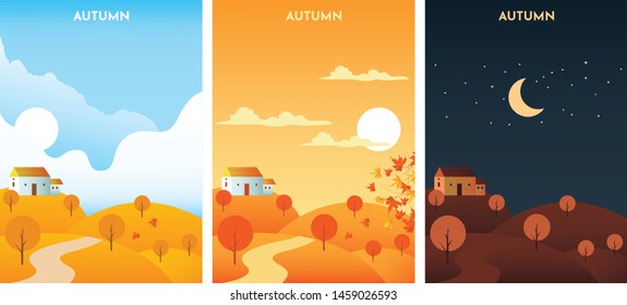 Autumn Landscape at sunrise, sunset and night. Autumn Season banners set template vector illustration.